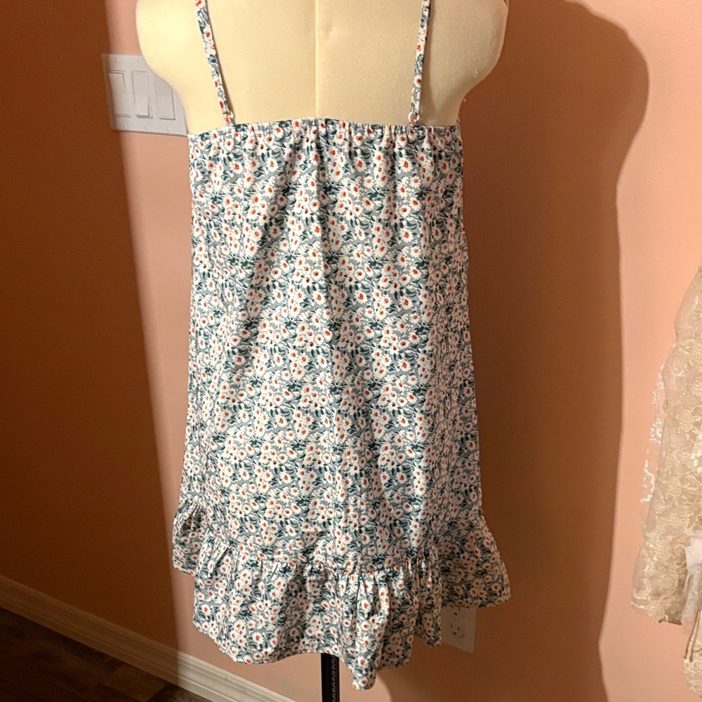 Floral Ruffle Mini Dress - White with Blue & Pink Floral